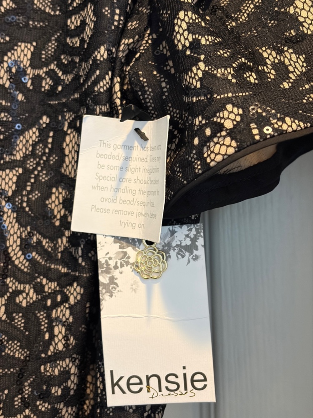 Kensie Black Beaded sequined Lace Overlay Midi Dress with Nude Lining - Picture 4 of 7